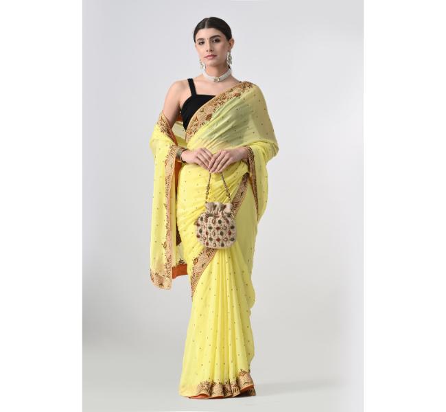 The Weavers Shop By Raavi Hand Embroidery Taaka Work Chinnon Chiffon Saree Yellow